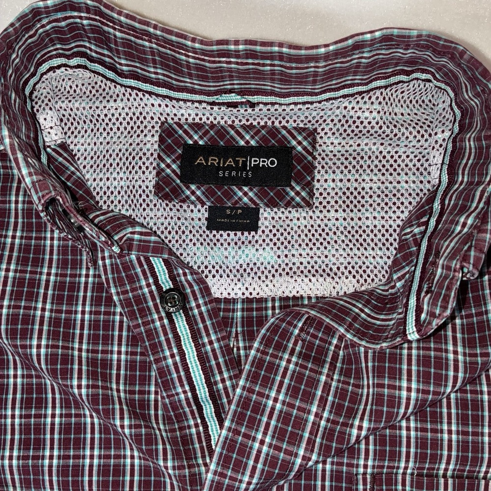 Ariat Pro Series Shirt Mens Small Burgundy Teal Plaid Long Sleeve Western Button - Picture 3 of 11